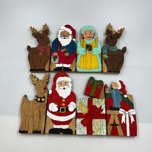 Vintage Handmade Wooden Folding Christmas Santa Mrs. Claus Reindeer Elf Decor